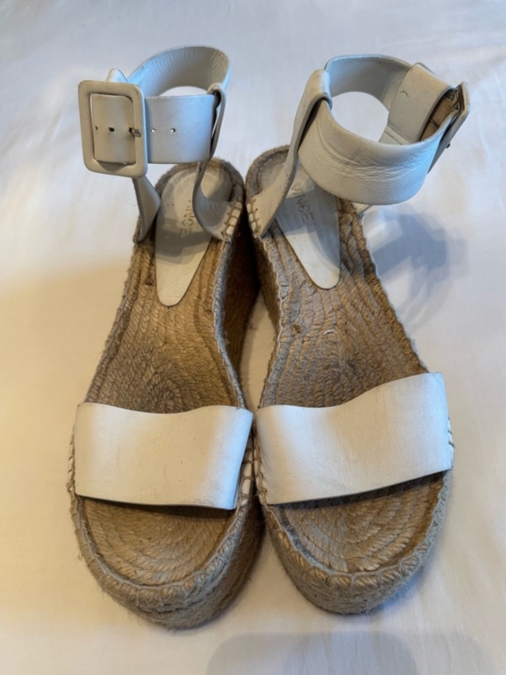 Vince White Leather Espadrille Wedge Sandals with Ankle Buckle